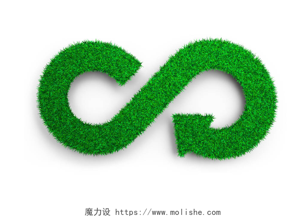 白色背景下的s绿叶生态循环经济理念。绿草以箭无穷循环符号的形式, 在白色上被隔绝, 3d 例证.